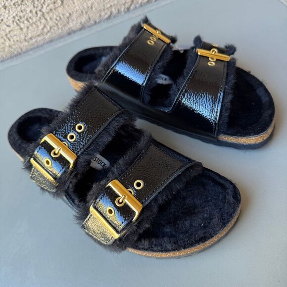 Birkenstock Arizona Shearling Eyelet Sandals Womens 41EU /10US Shiny Black Gold - Picture 11 of 13